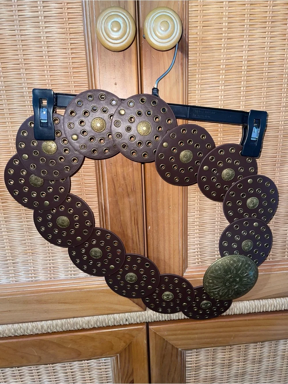Round Brown Leather Belt with Decorative Brass Discs